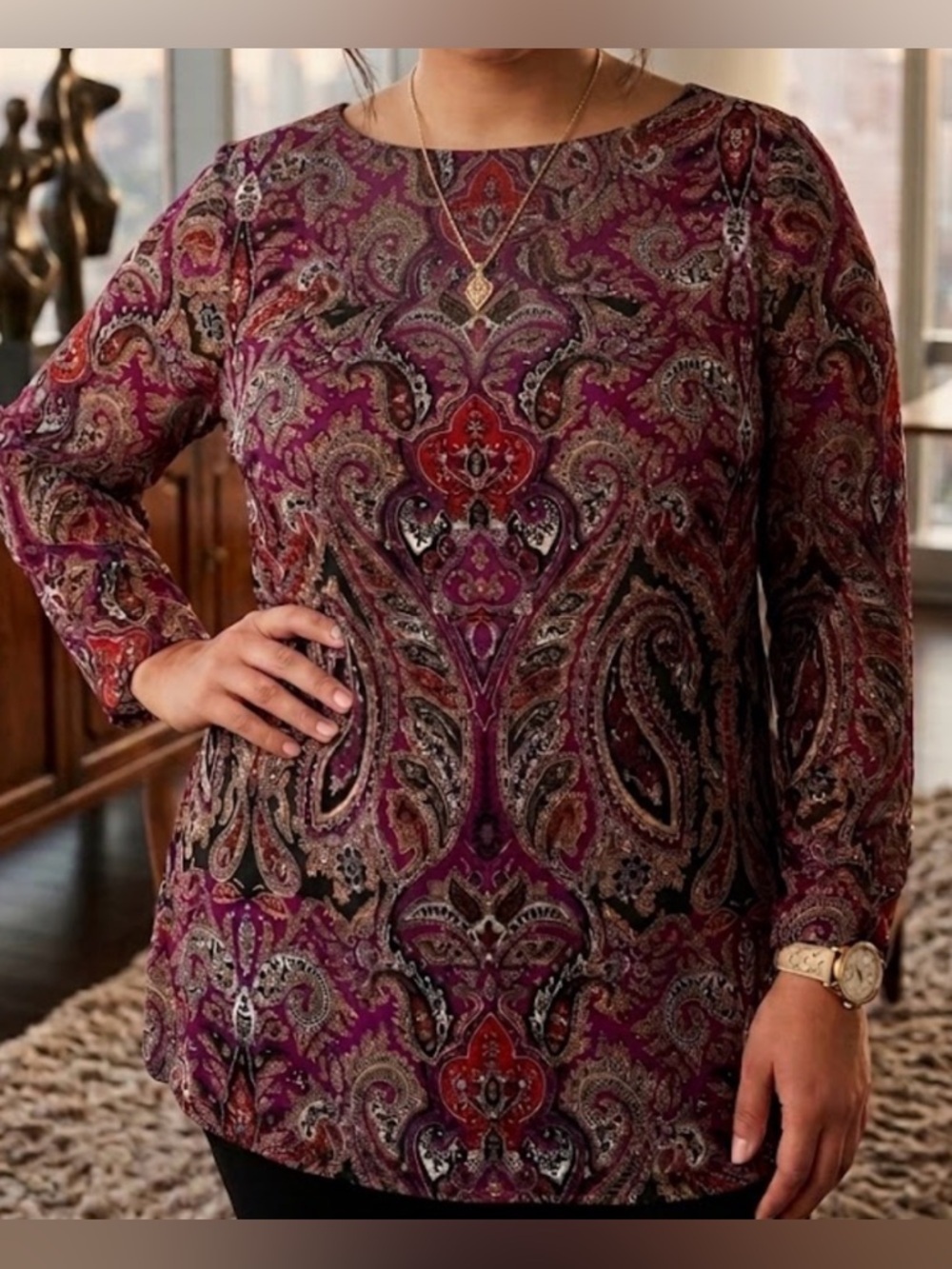 INC International Concepts Red and Gray and Black Transparent Sleeve Blouse